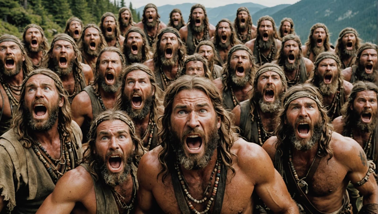 Diverse Crazed Mountain Men Chanting Faces