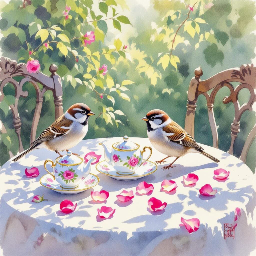 Watercolor Sparrows Tea Time in Sunlit Garden