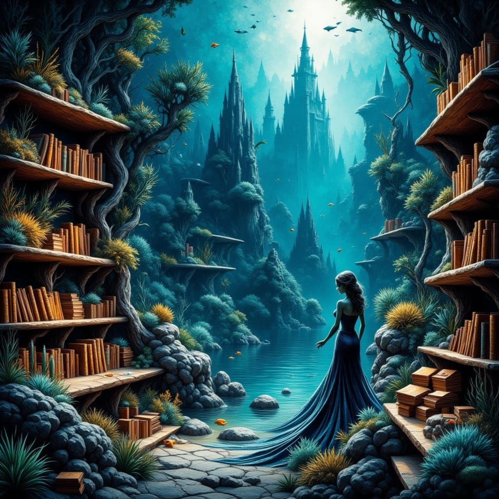 Underwater Library of Dreams in Vibrant Digital Acrylic