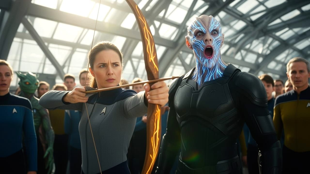 Sci-Fi Officer Draws Longbow Beside Shocked Alien