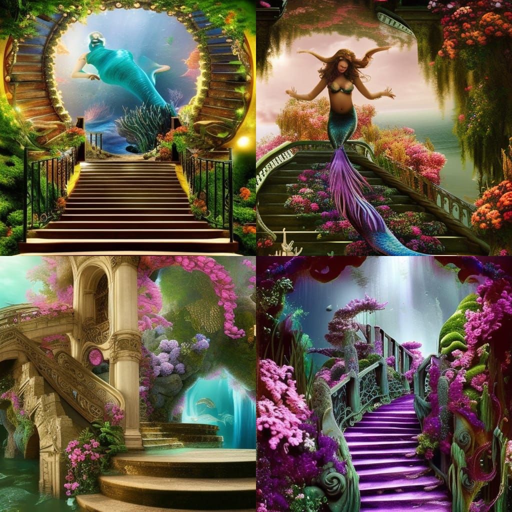 Mermaid on Floral Staircase: Digital Matte Painting