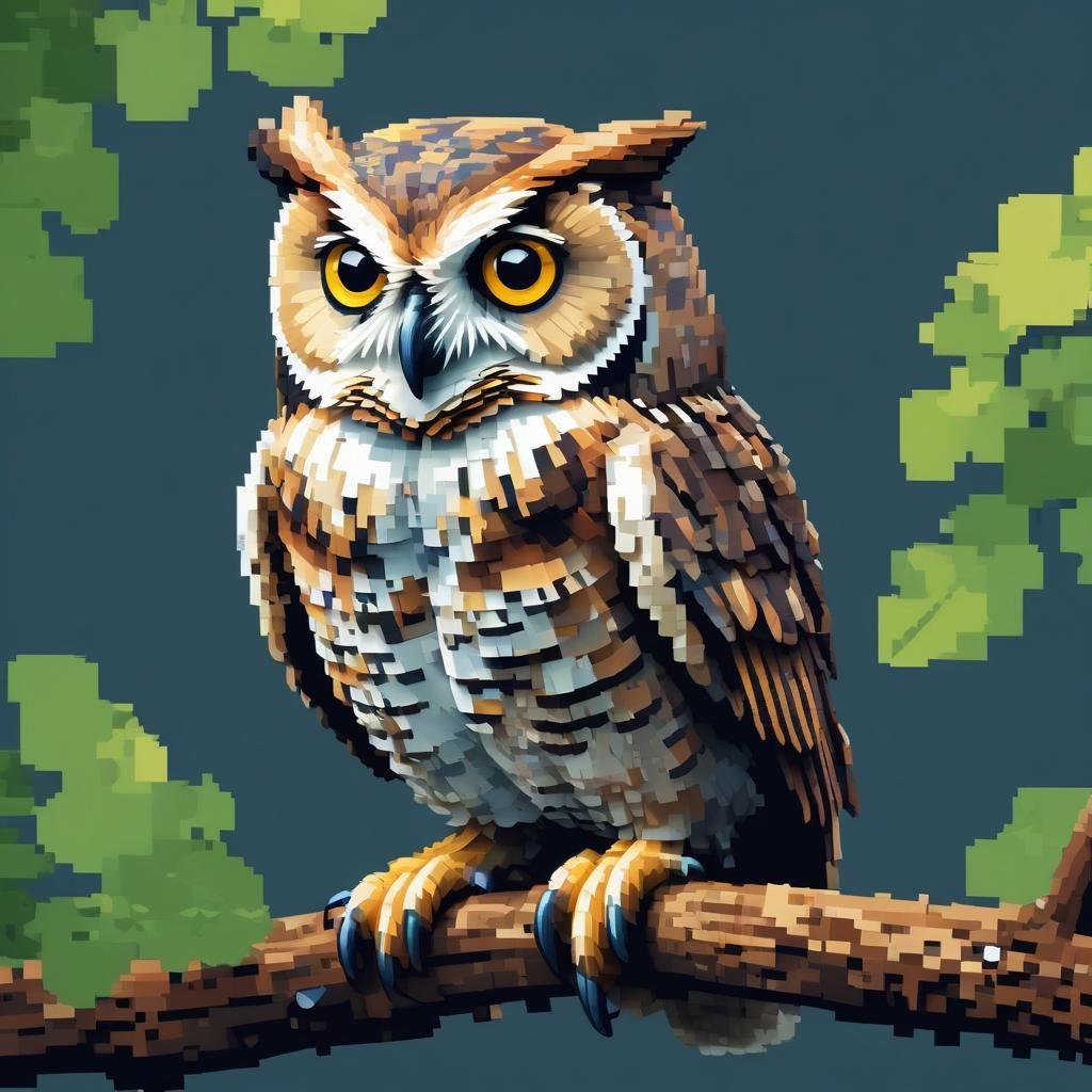 Cute Pixel Art Owl Portrait on Branch