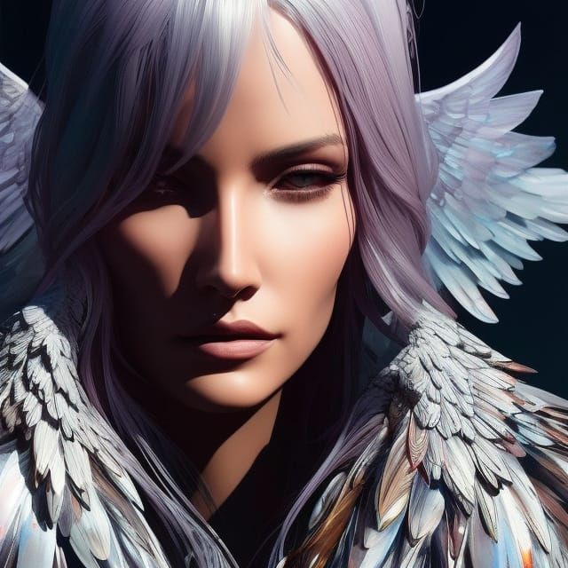 Beautiful Angel Portrait with Stunning Wings in Ink Style