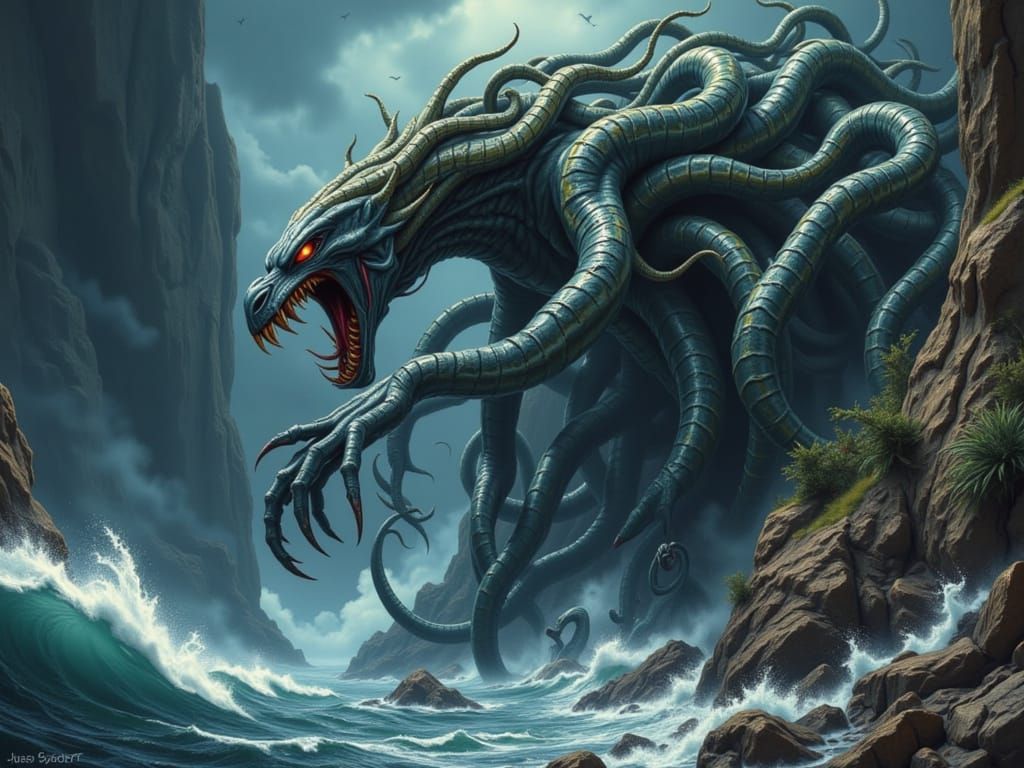 Dark Biomechanical Sea Monster Emerges from Coastal Cliff