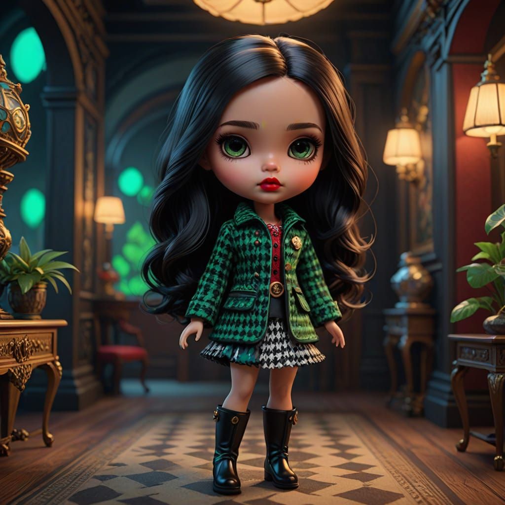 Miniature Portrait of a Chic Doll in Houndstooth Jacket