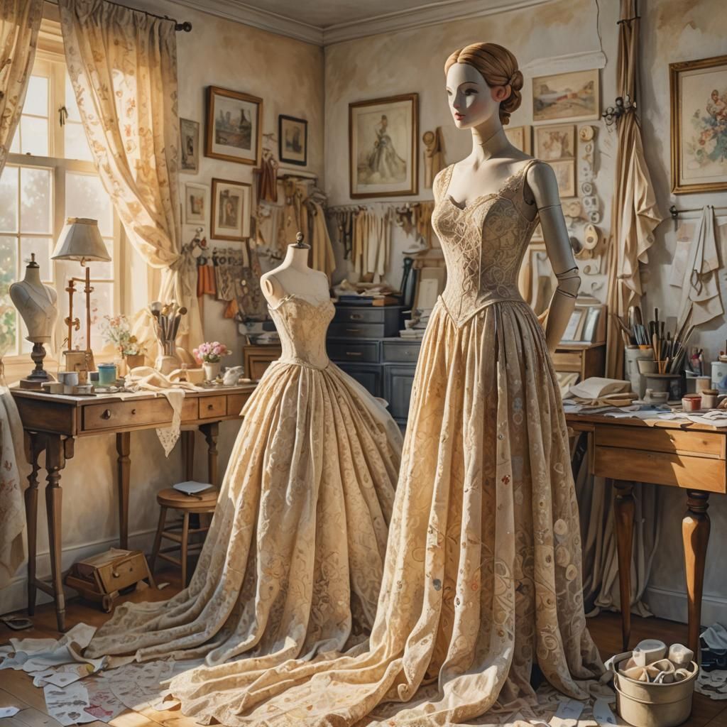 Lace Gown on Mannequin in Sunlit Atelier