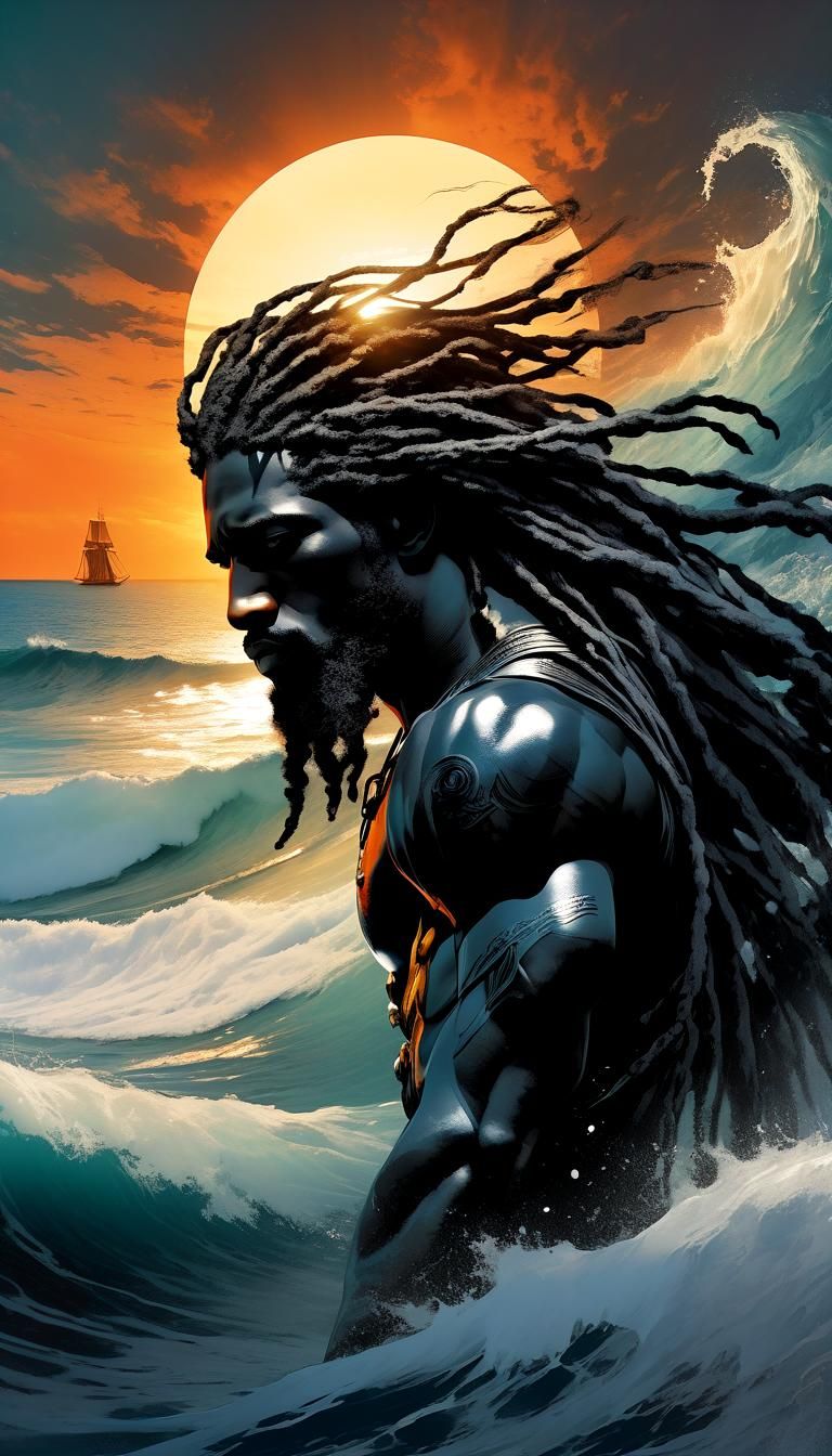 Neptune with Dreadlocks on a Sunset Beach