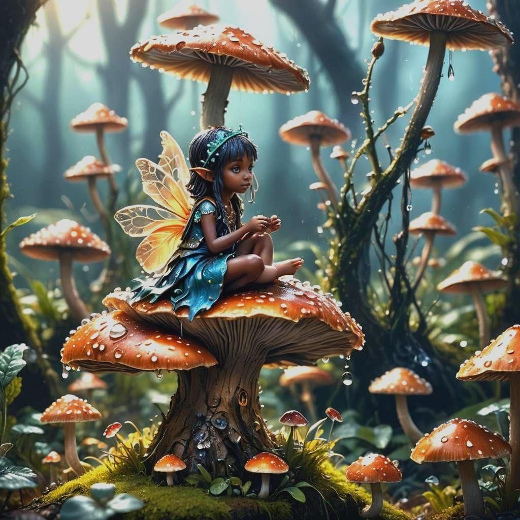 Macro Photograph of Fairy on Mushroom