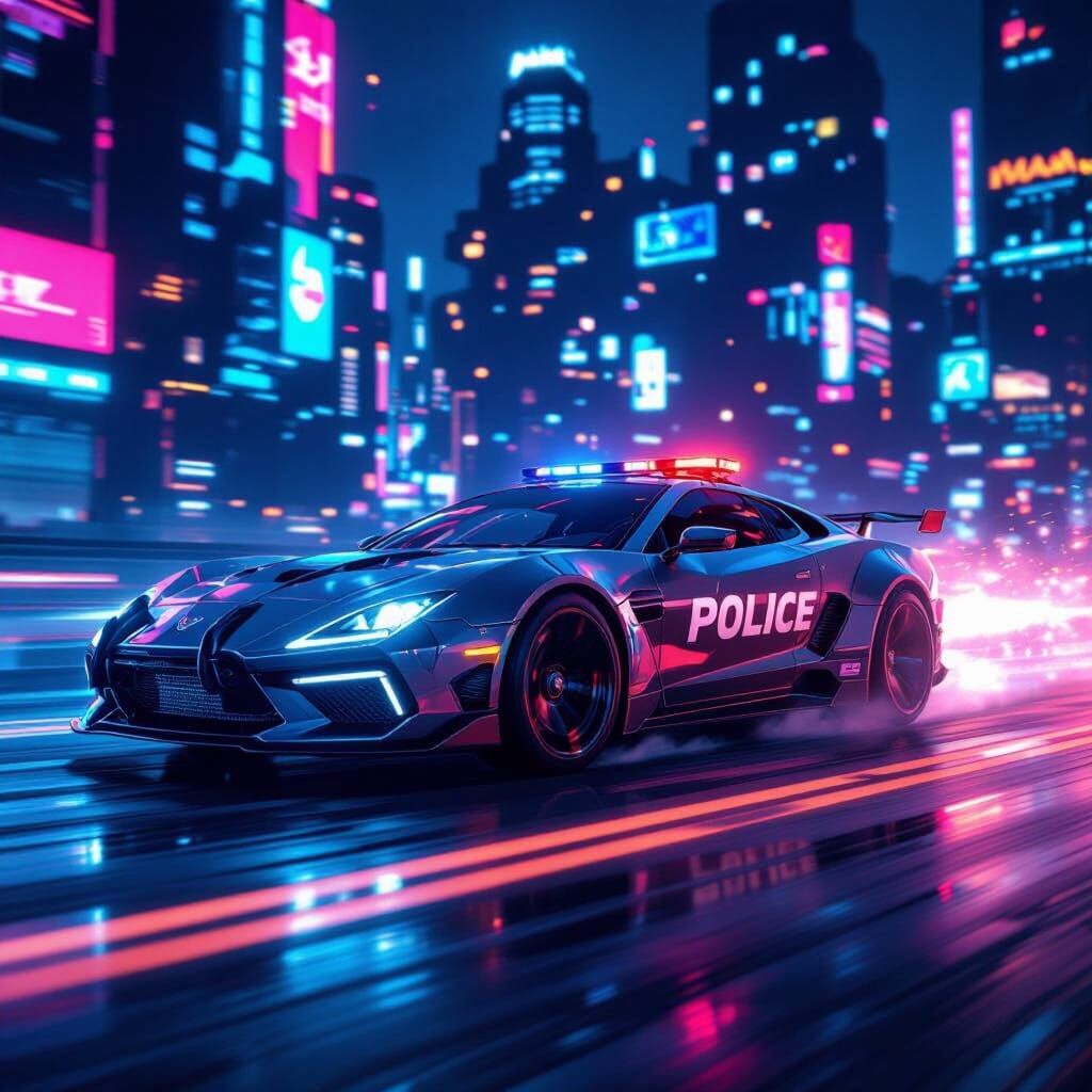 Futuristic Police Car Speeding Through Neon Cityscape
