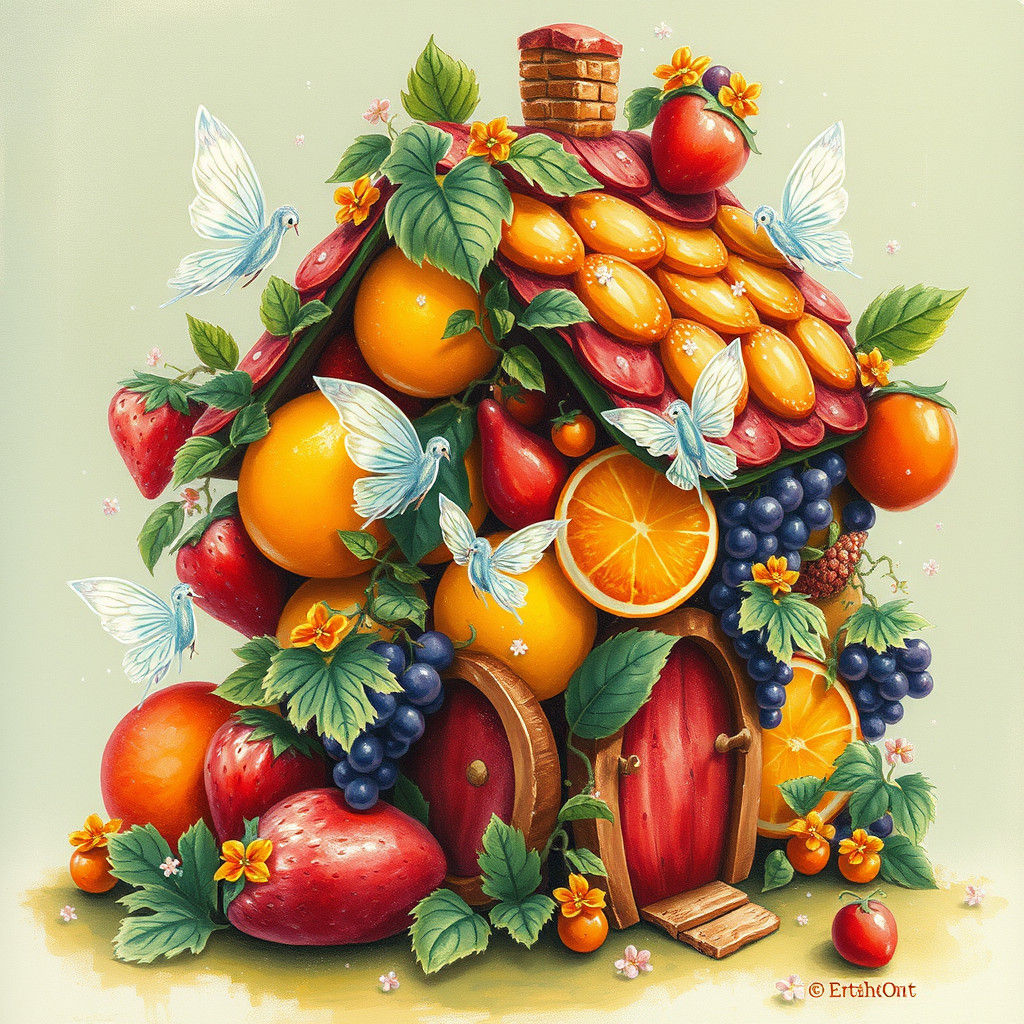 Whimsical Fruit House with Delicate Fairies and Vines