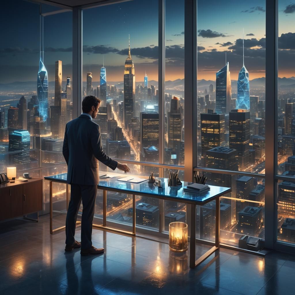 Lone Man in Minimalist Office with City View