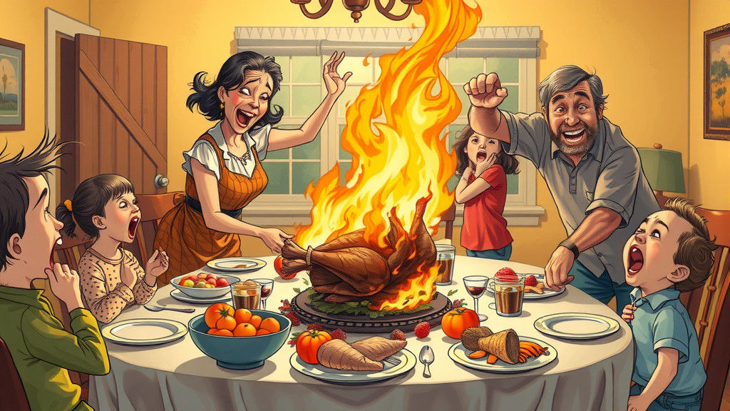 Burning Thanksgiving Turkey Dinner: Chaotic Family Scene