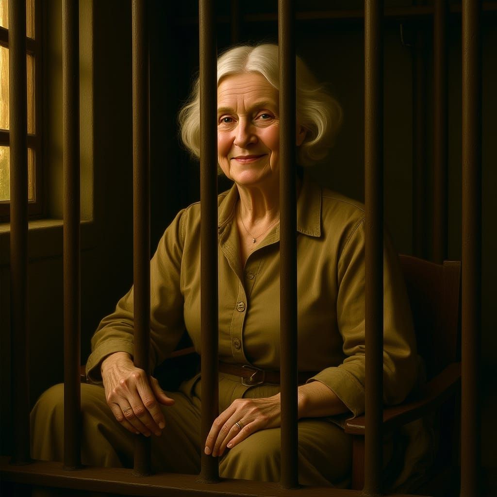 Serene Old Woman in Prison Cell Bathed in Sunlight