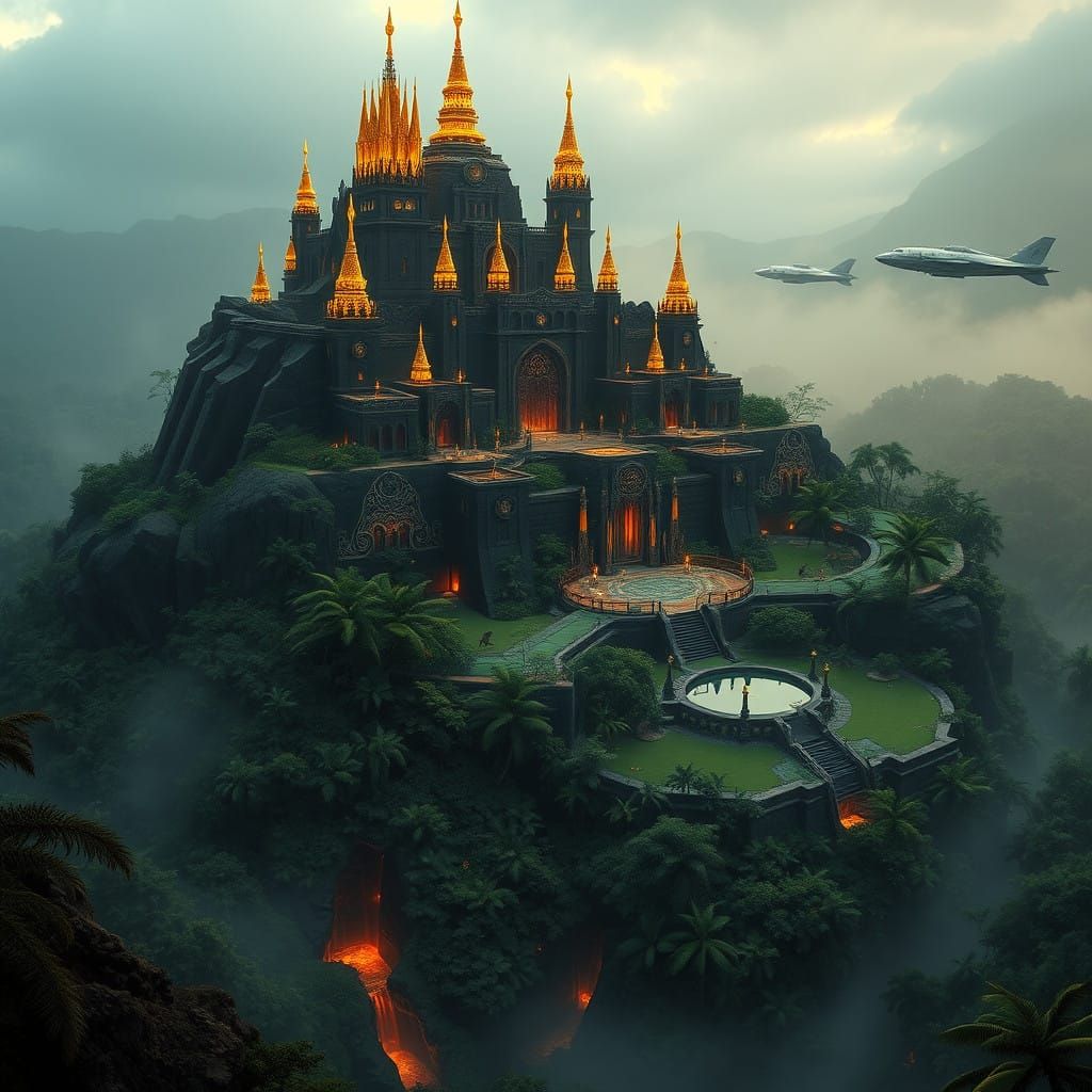 Majestic Dark Stone Estate with Golden Spires in Lush Jungle...