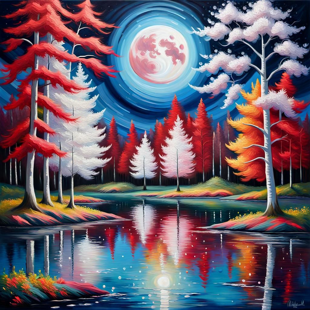 Abstract Lake with Sparkling Moon in Expressionist Style