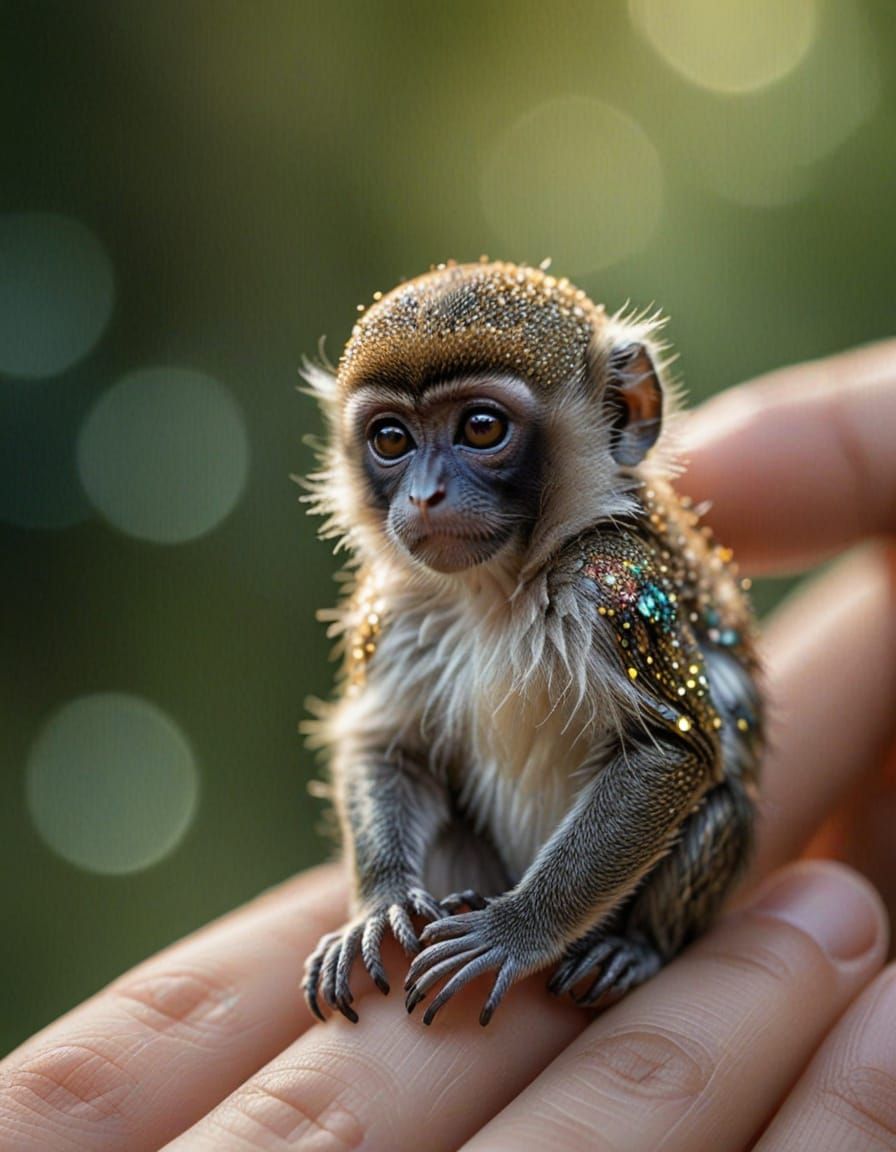 Whimsical Finger-Sized Monkey with Iridescent Wings in Soft ...