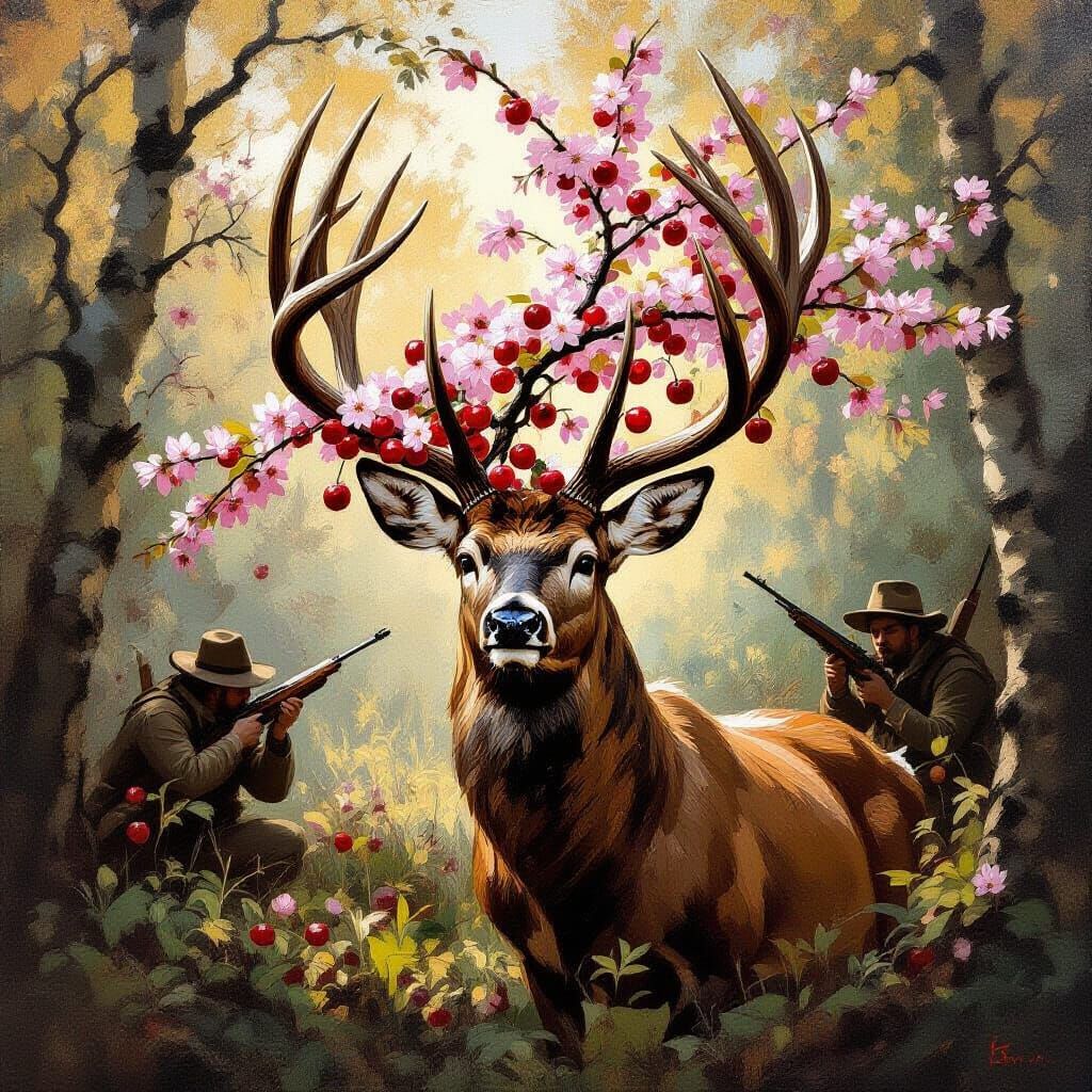 Deer with Blossoming Antlers in Forest, Dutch Golden Age Sty...