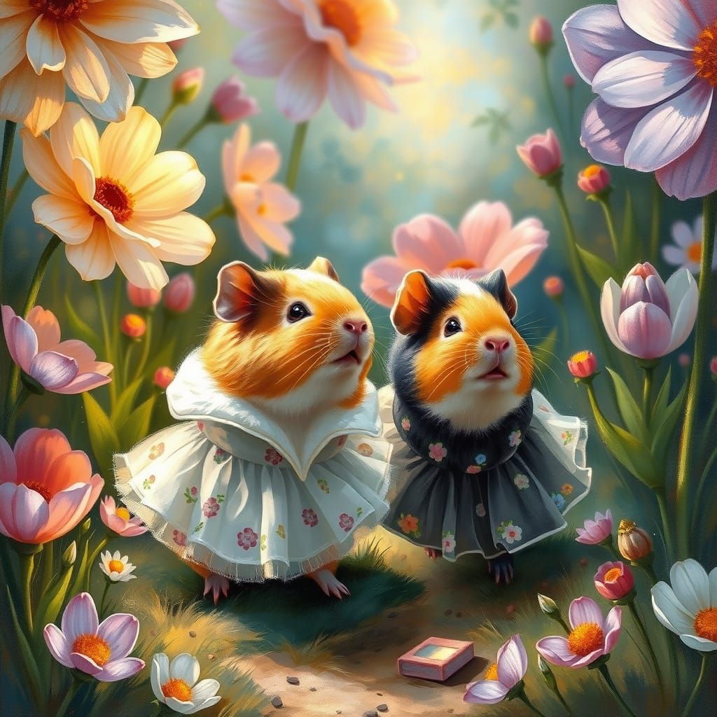 Guinea Pigs Frolic in Glowing Flower Meadow