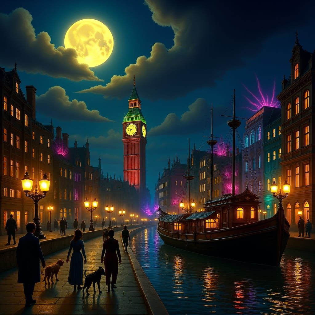 Victorian London Night Scene in Dreamy Style