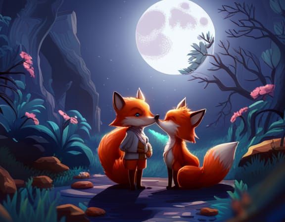 Chibi Foxes Kissing in Moonlight: Matte Painting