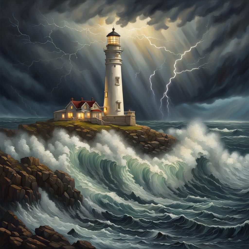 Lighthouse Battling Storm on Rugged Coast