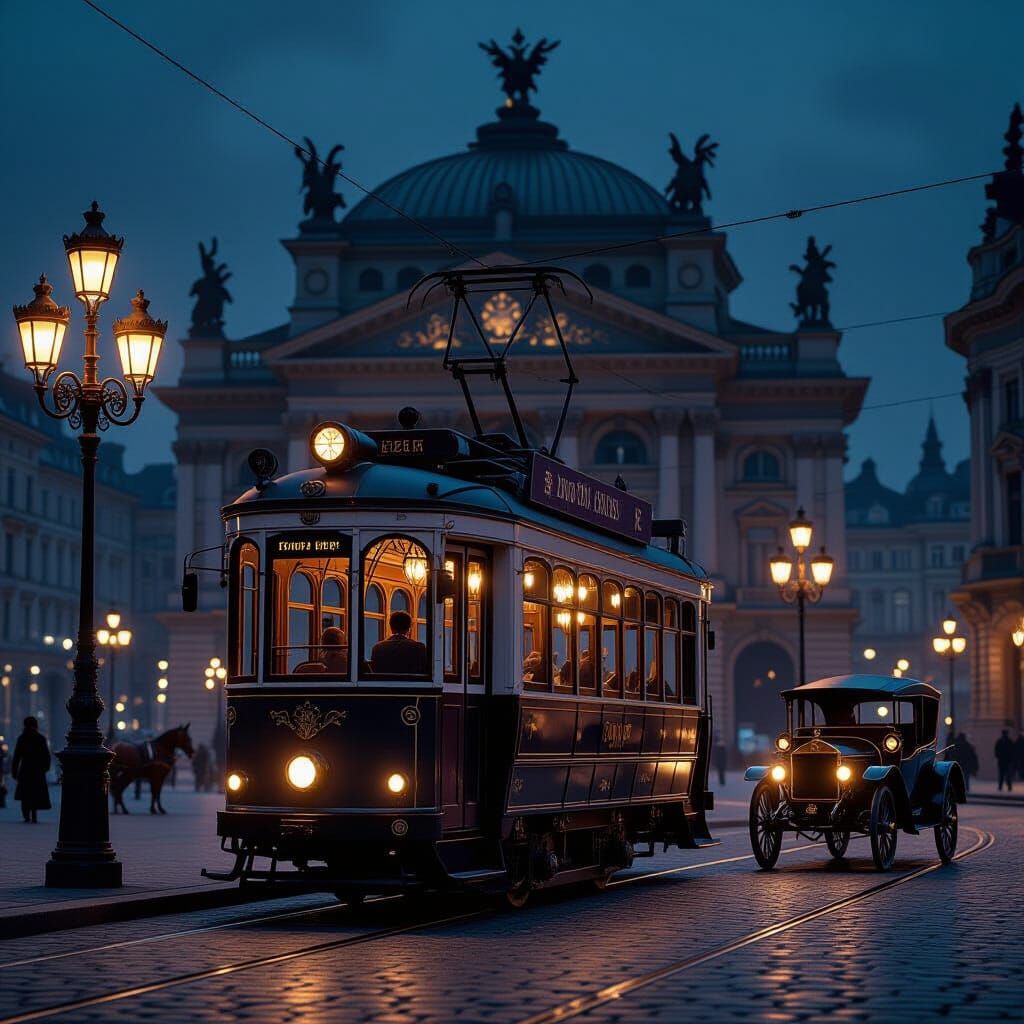 Vintage Tram at Opera House in Syd Mead Style