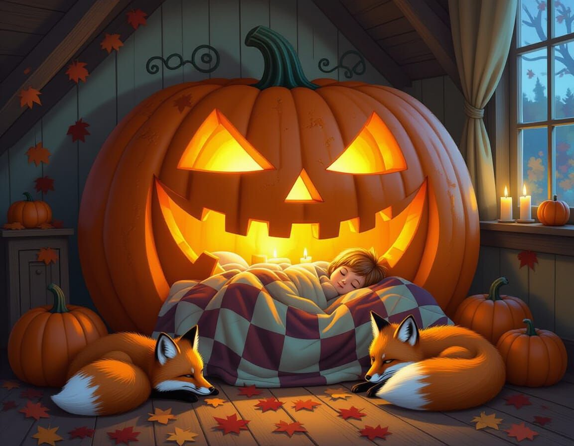 Enchanted Jack-o'-Lantern Bed in Autumn Twilight