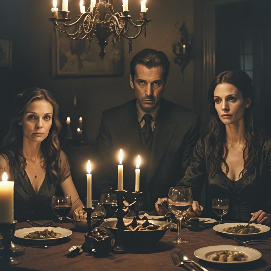 Eerie Family Dinner in Surreal Dark Mystical Style