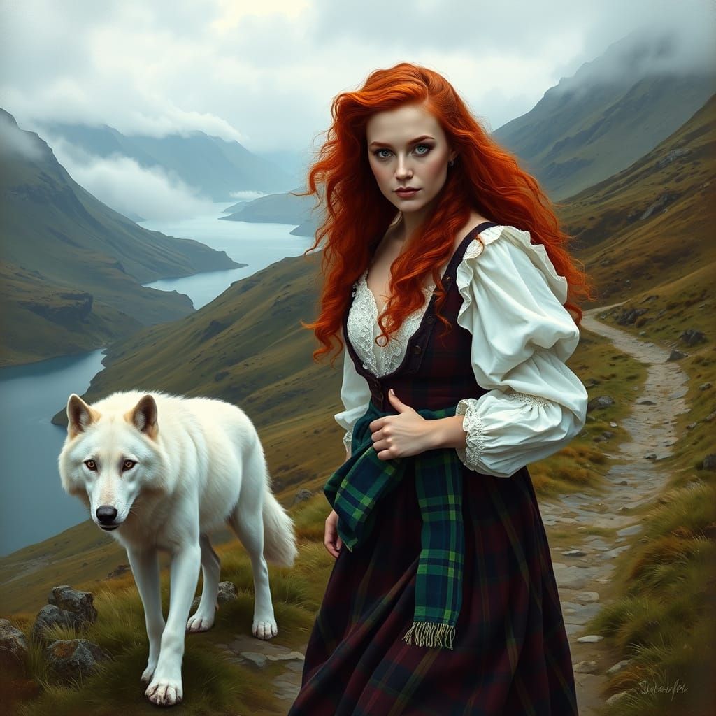 Mystical Scottish Woman Walks with Majestic Wolf in the High...