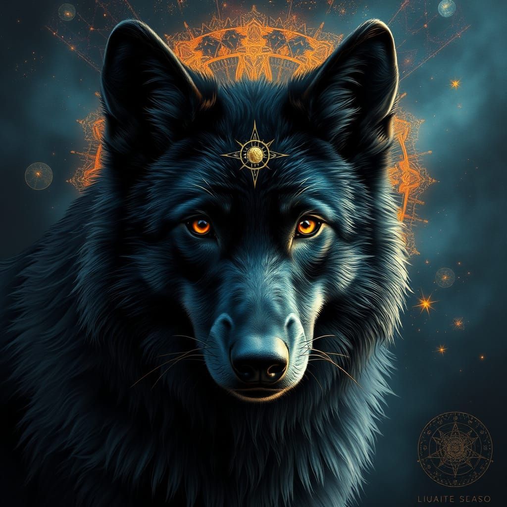 Mystical Black Wolf with Astral Aura in Holographic Art