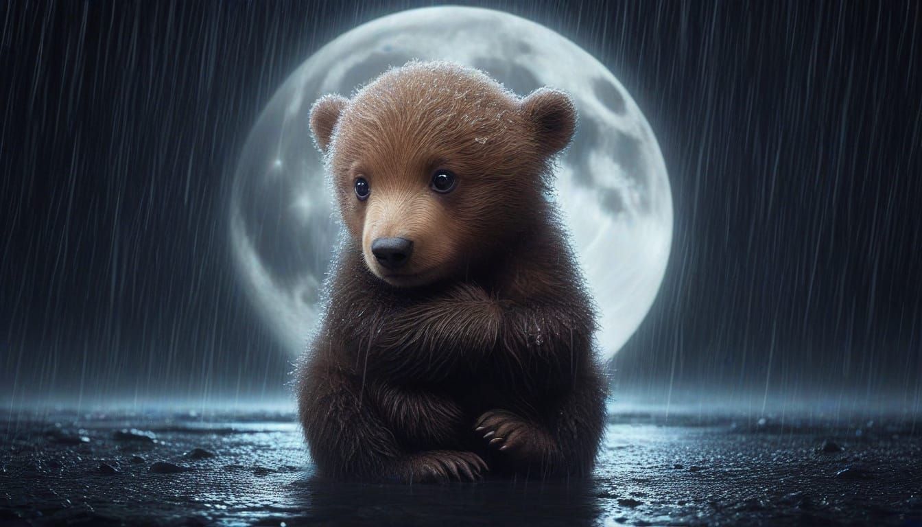 Concerned Baby Bear Under Midnight Rain