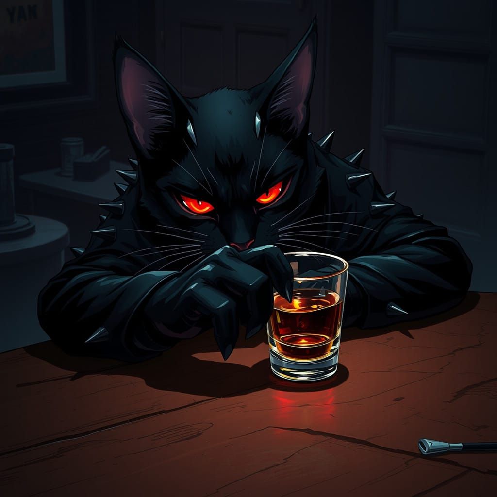 Mysterious Black Cat in a Spiked Jacket Sips Whiskey