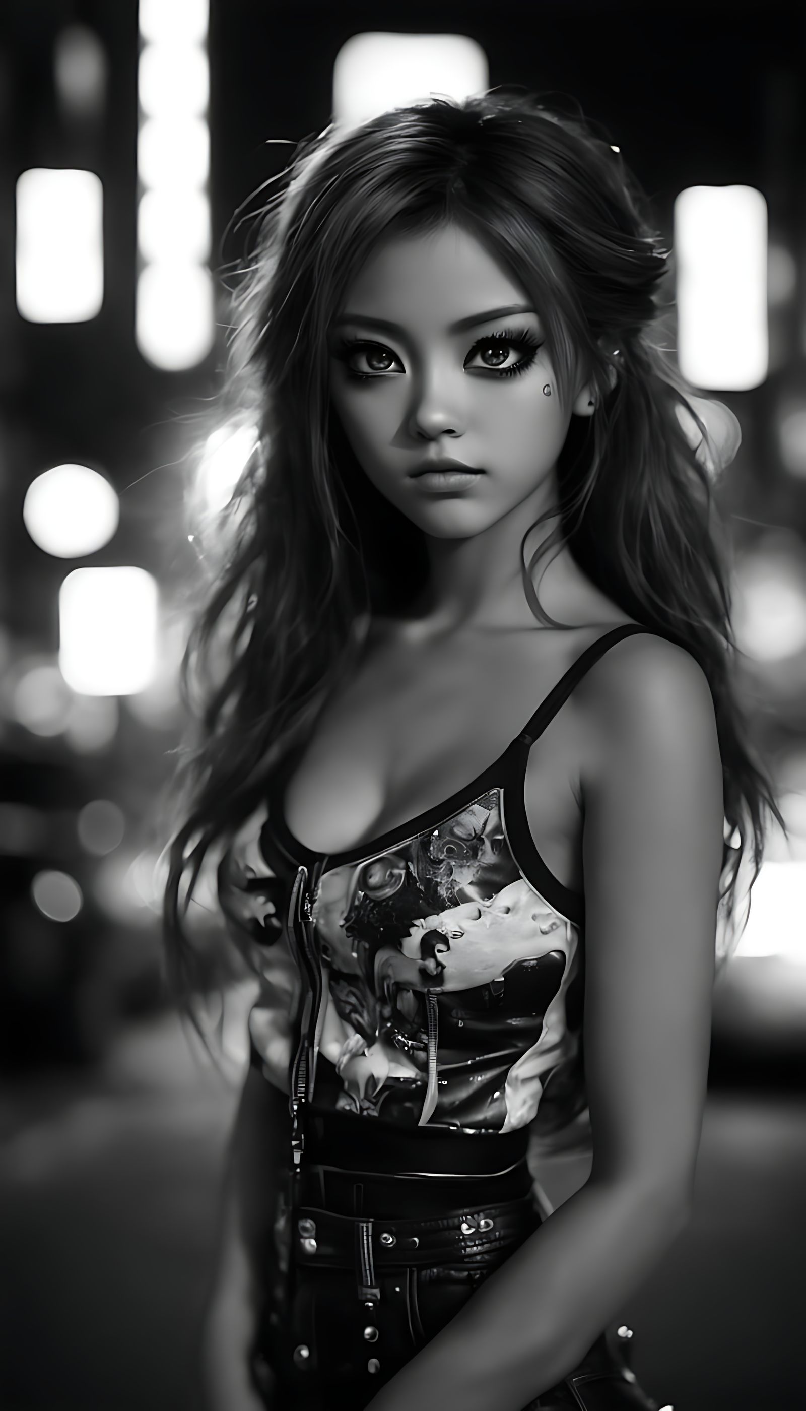 A pretty, Dark Wave, Cyberpunk street-gang princess