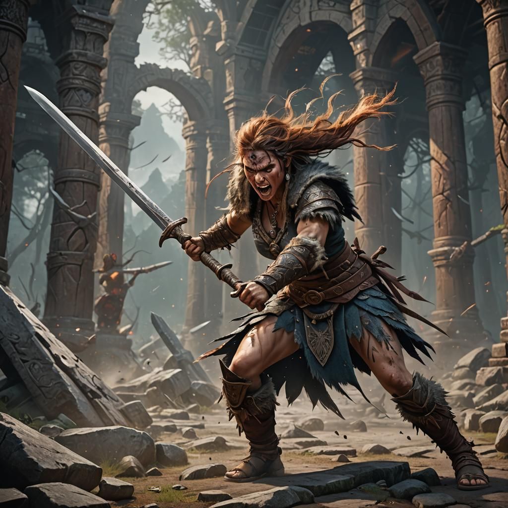 Fierce Barbarian Woman with Longsword, Detailed Matte Painti...