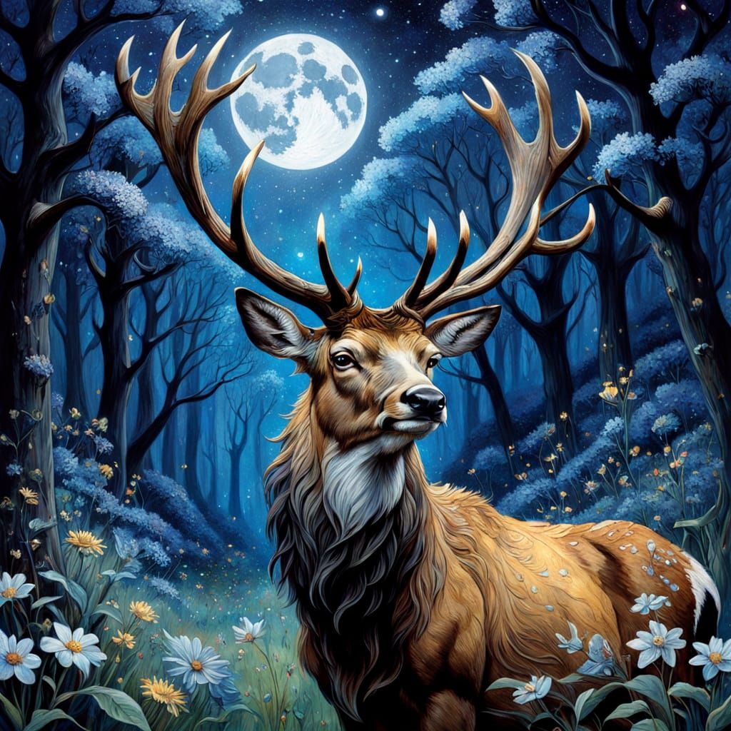Majestic Stag With Constellation Antlers in Moonlit Glade