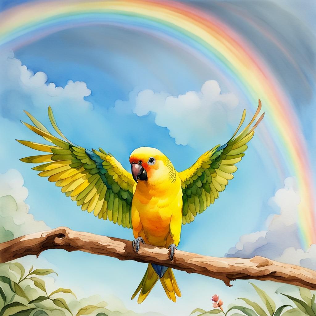 Watercolor of Yellow Budgie with Rainbow