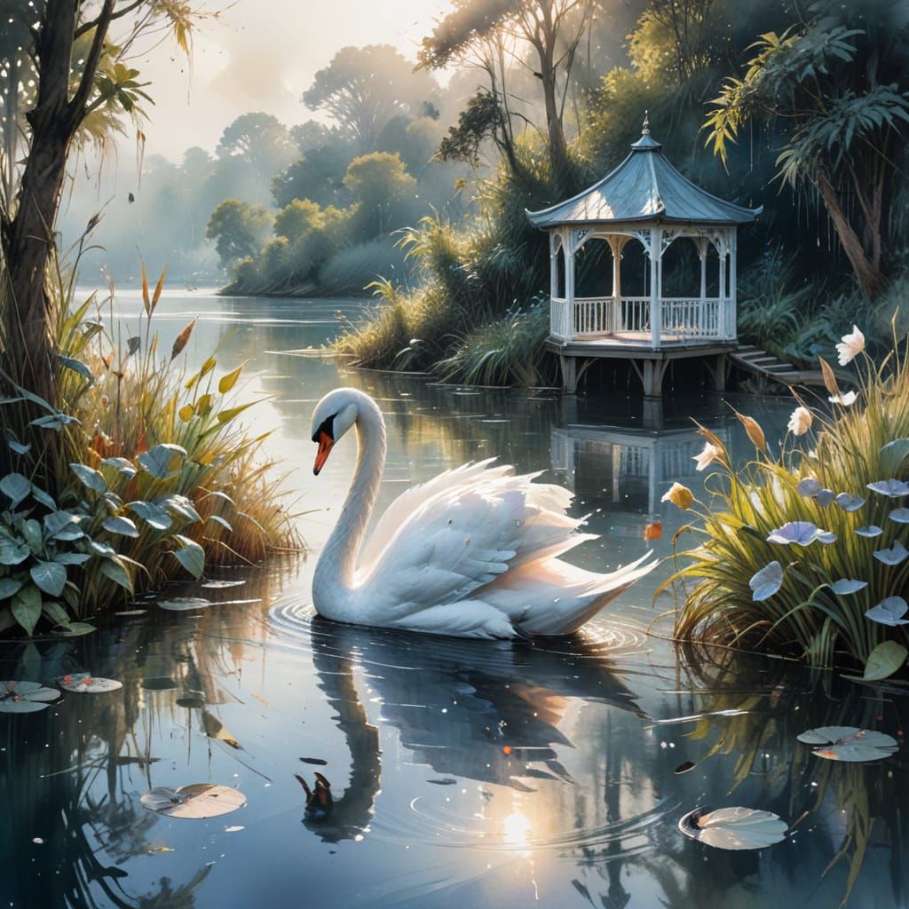 Lakeside Pavilion Illuminated by Morning Radiance in Waterco...