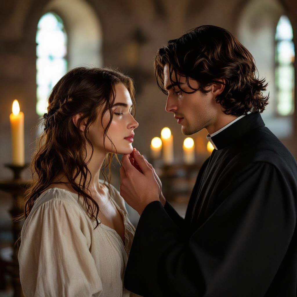 Intimate Monastic Encounter in Dramatic Lighting