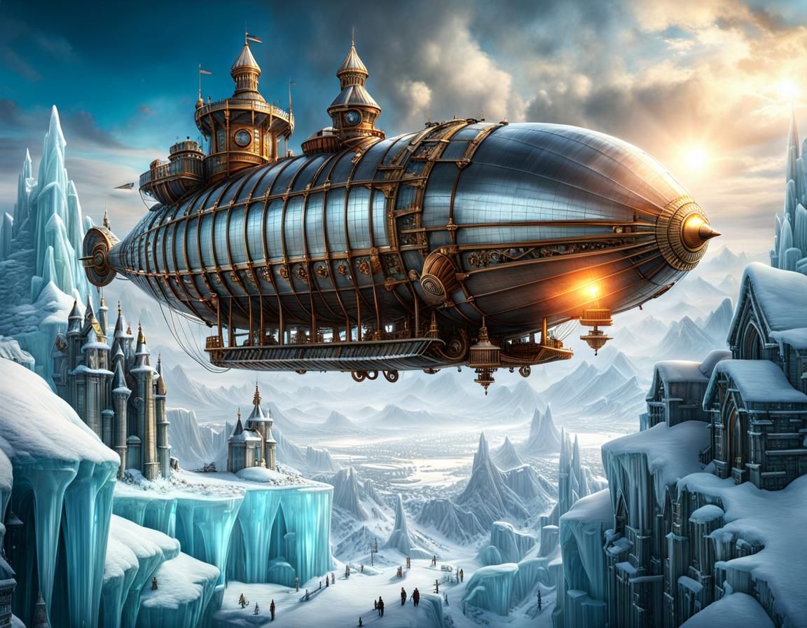 Steampunk Airship Over Ice Castle in Winter