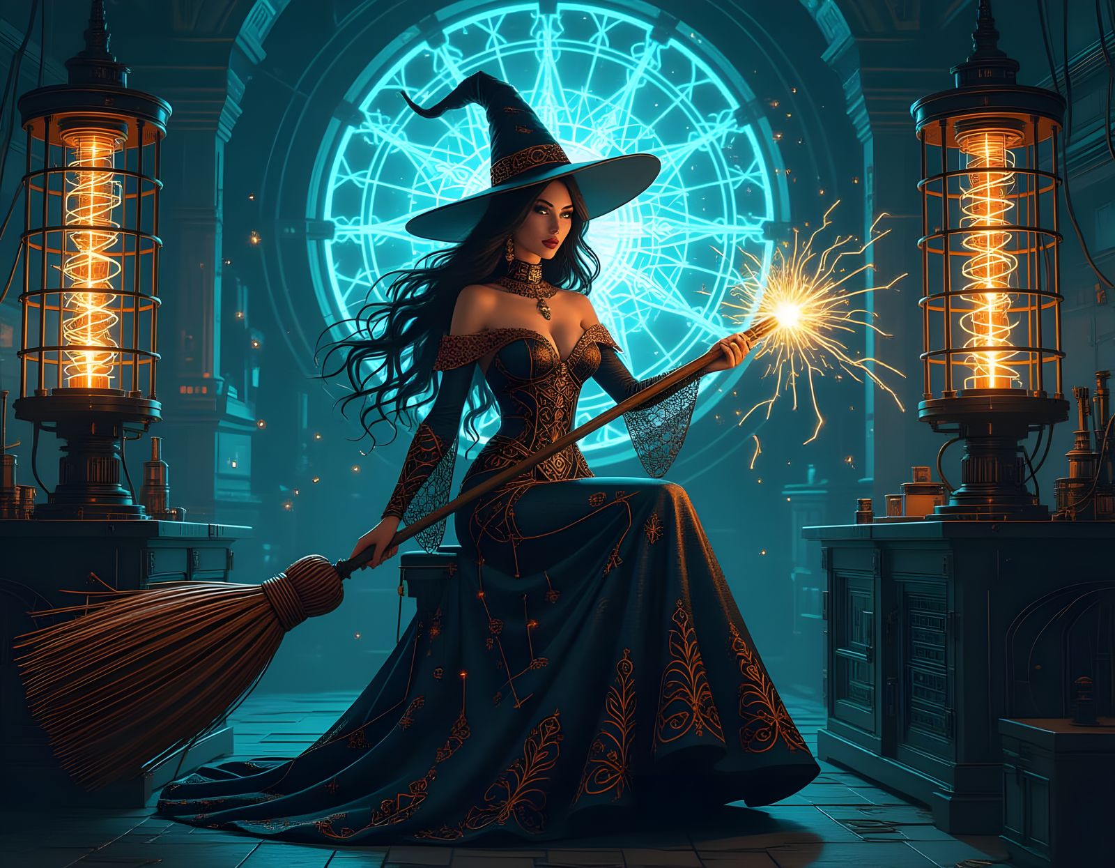 Witch Queen in Teslapunk Lab, Electrified Broom