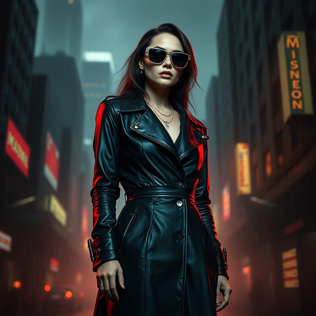 Woman in Dark Sunglasses, Cyberpunk Cityscape