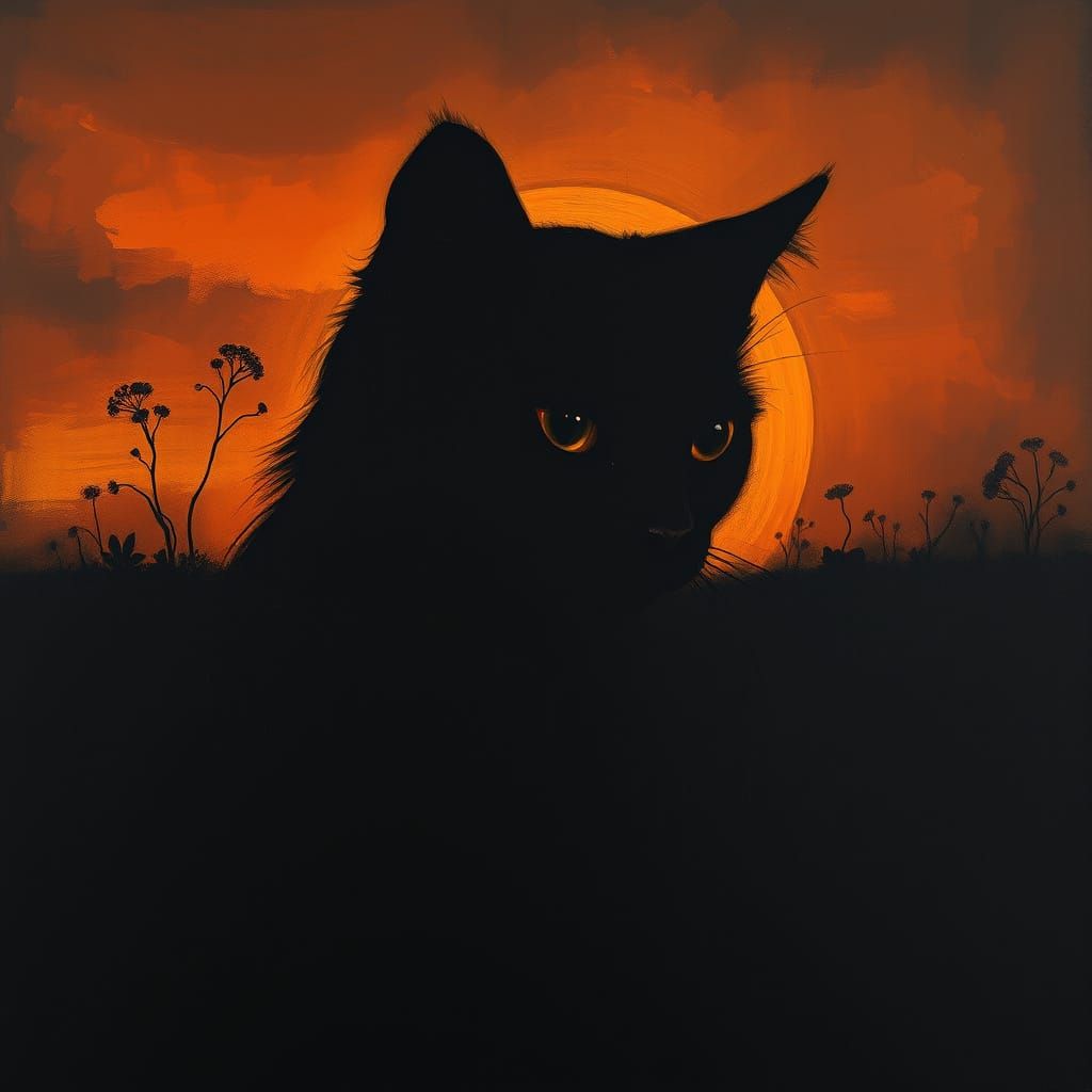 Shadowy Cat in Sunset, Warli Art Style