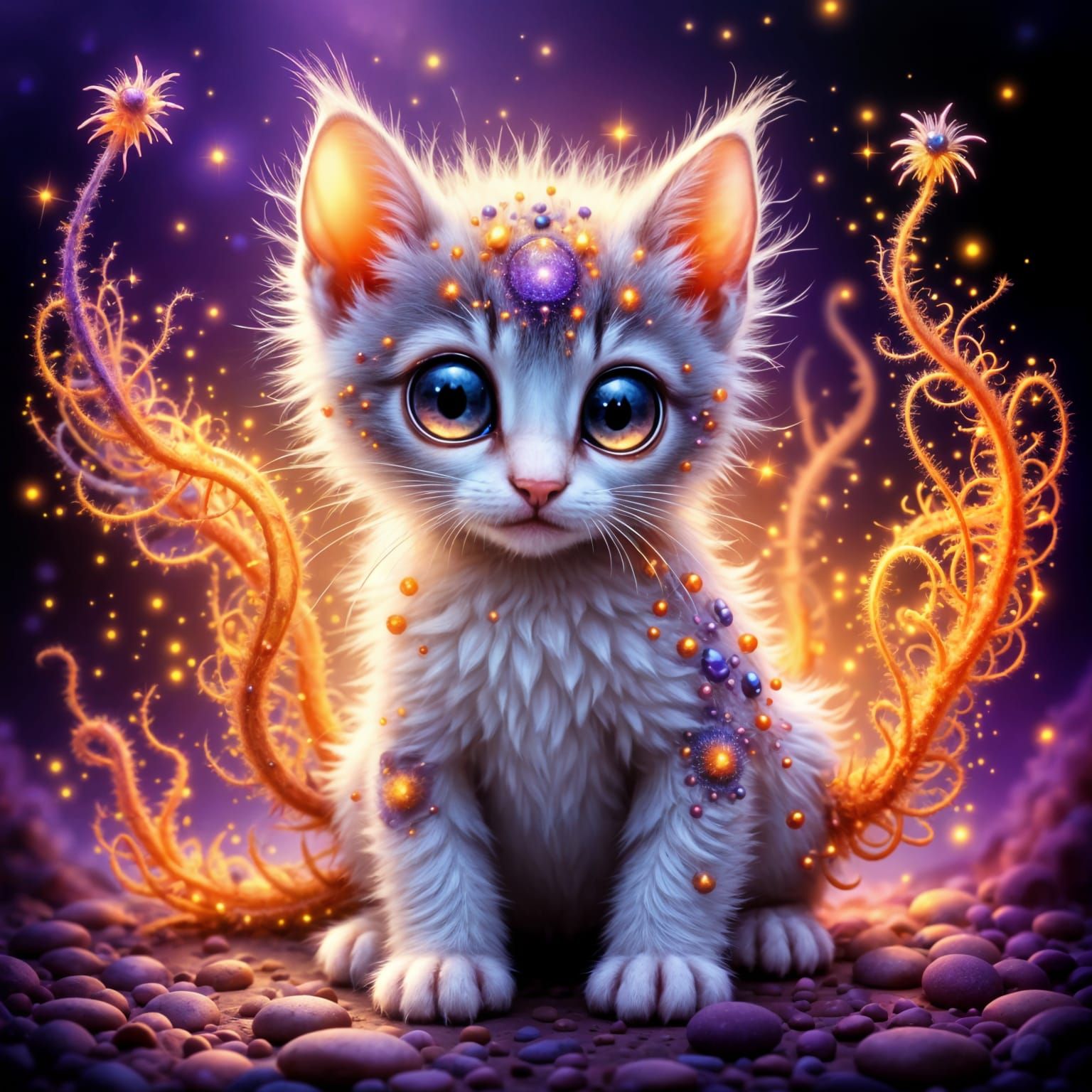 Sparkling, Adorable Kitten with Iridescent Spots and Glowing...
