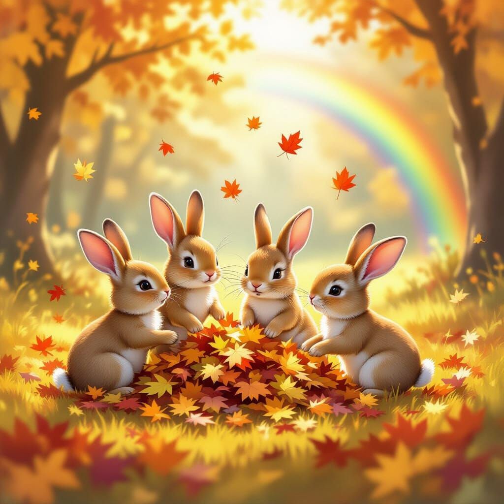 Rabbit Fairies Play in Autumn Sunlit Clearing