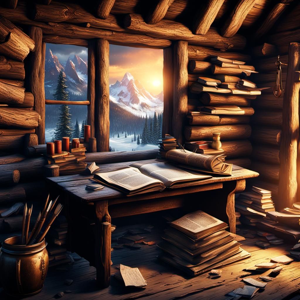 Torn Book and Quill in Cozy Log Cabin