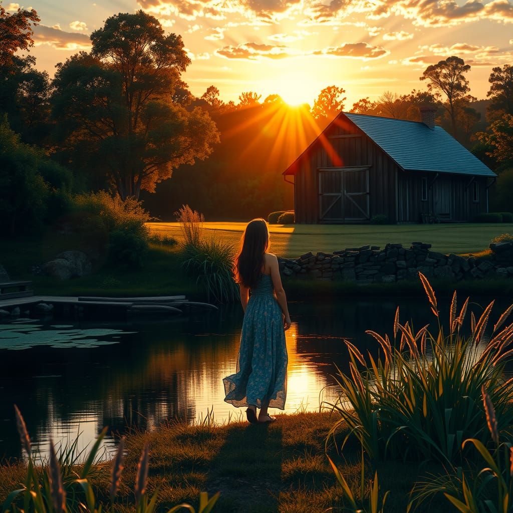 Sunset Serenity: Barn and Pond in Pointillist Oil