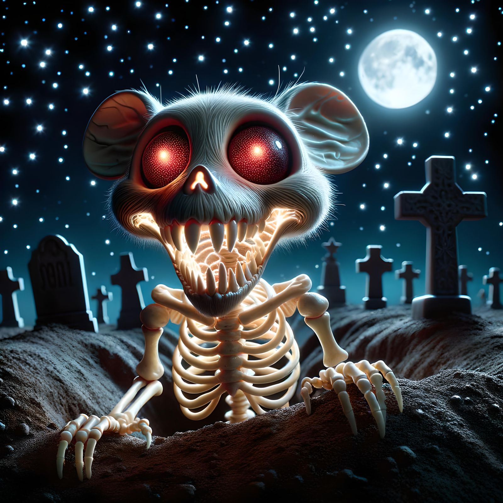 Bone Mouse Burrowing Through Grave Under Starry Sky