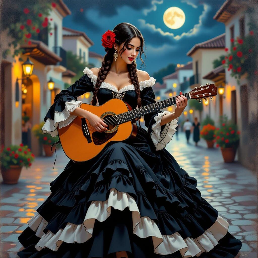 Spanish Flamenco Dancer Plays Guitar Under Moonlight