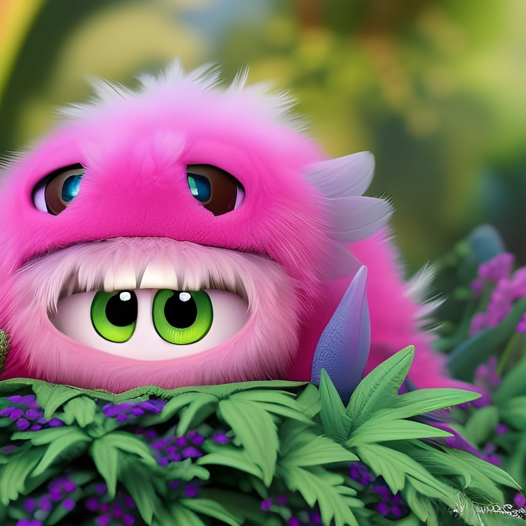 Cute Pink Dragon Snuggled in Garden, Digital Oil Painting