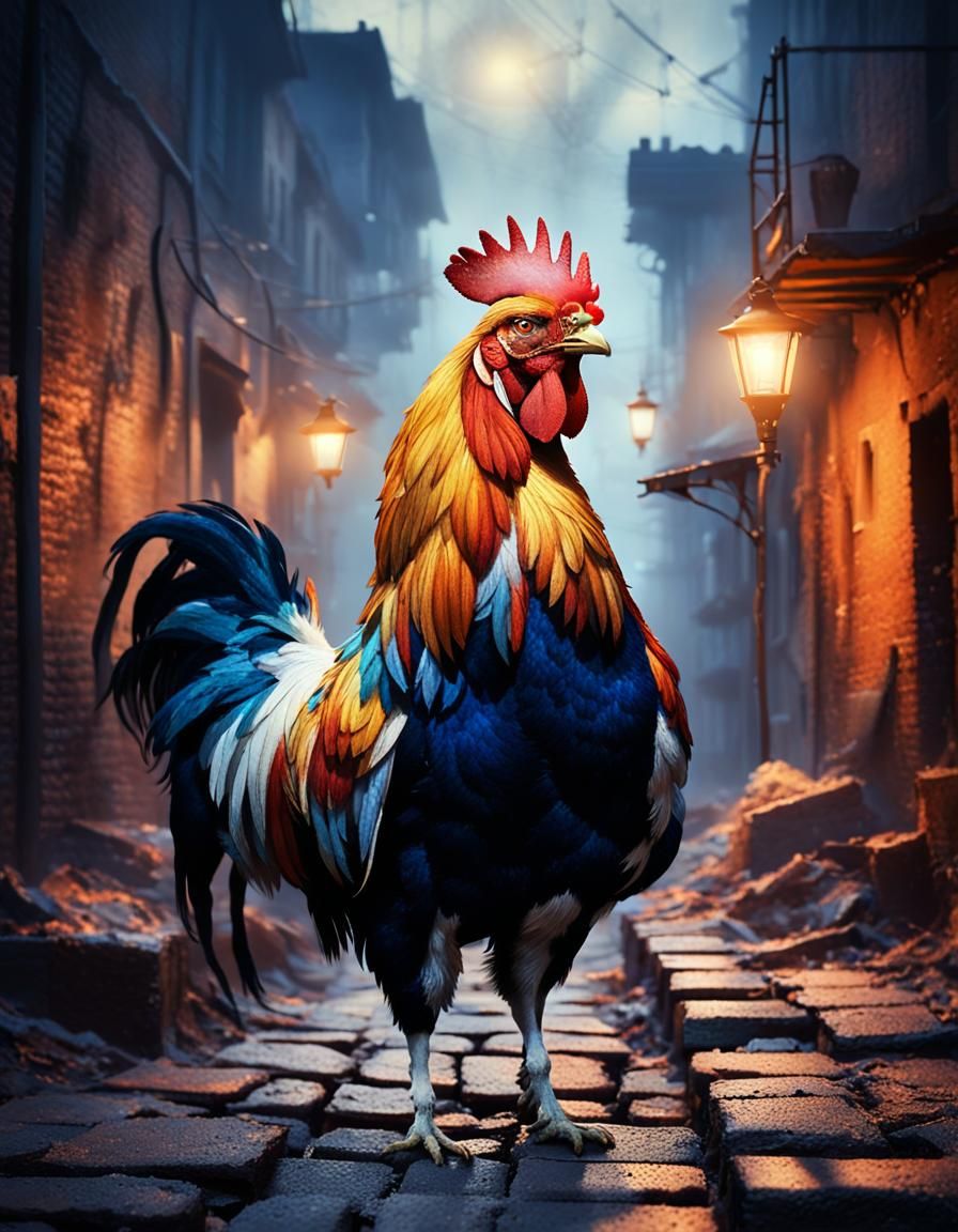 Fauvist Urban Fantasy: Rooster, Cat and Dog